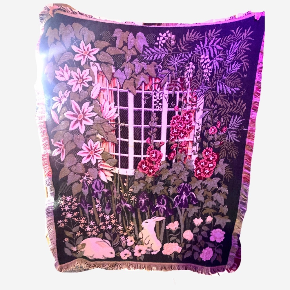 Blanket Woven Wall Tapestry Throw | Rabbits | Flowers | Country Cottage Core